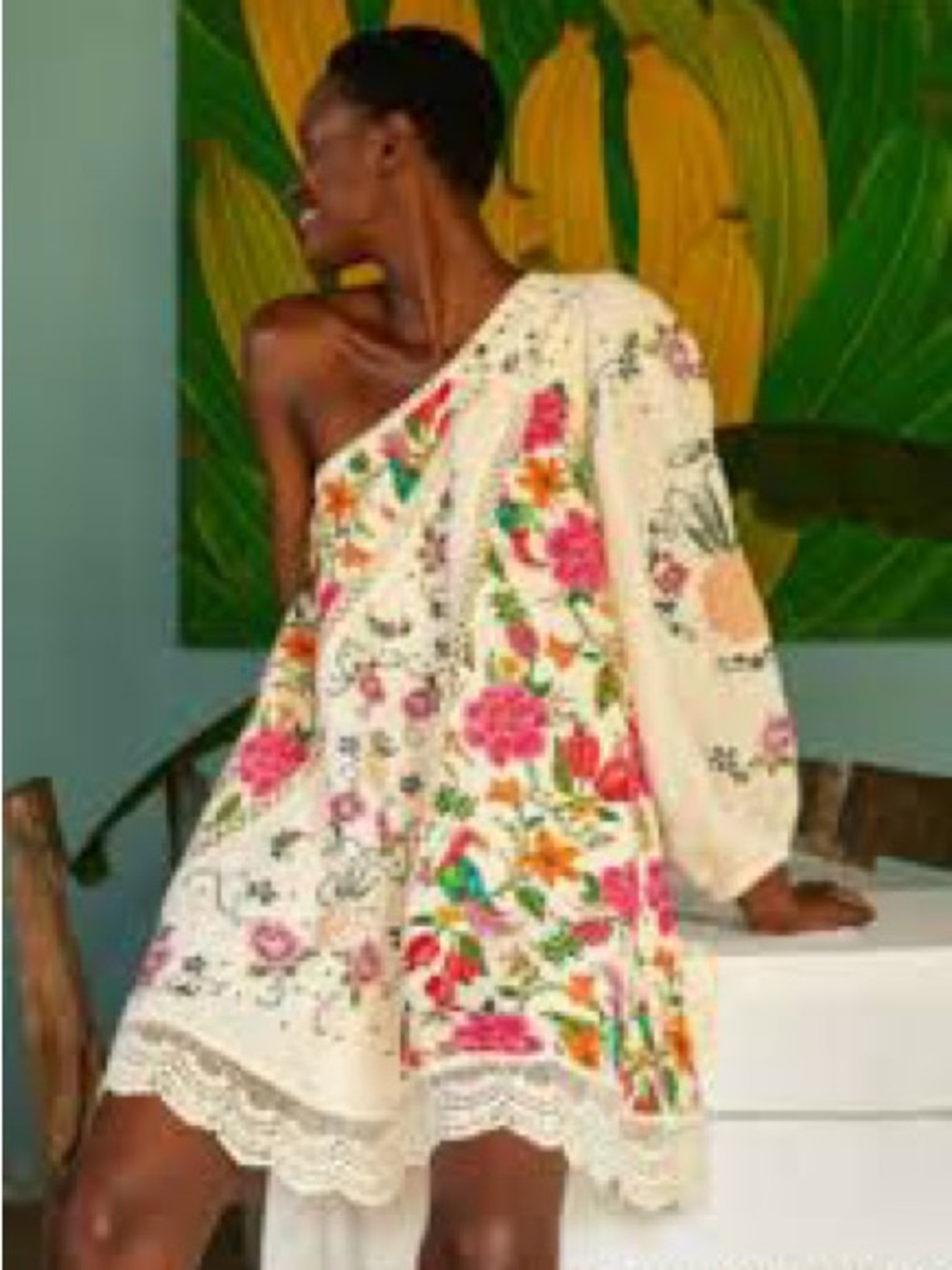FARM Rio Cream One-Shoulder Floral Embroidered Dress